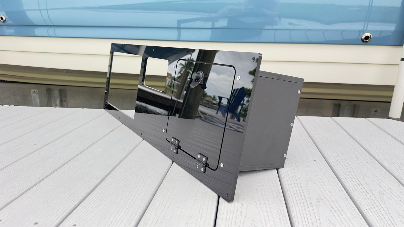 Custom black acrylic dash panel with electronics cutouts and glove box door with hinges and latch