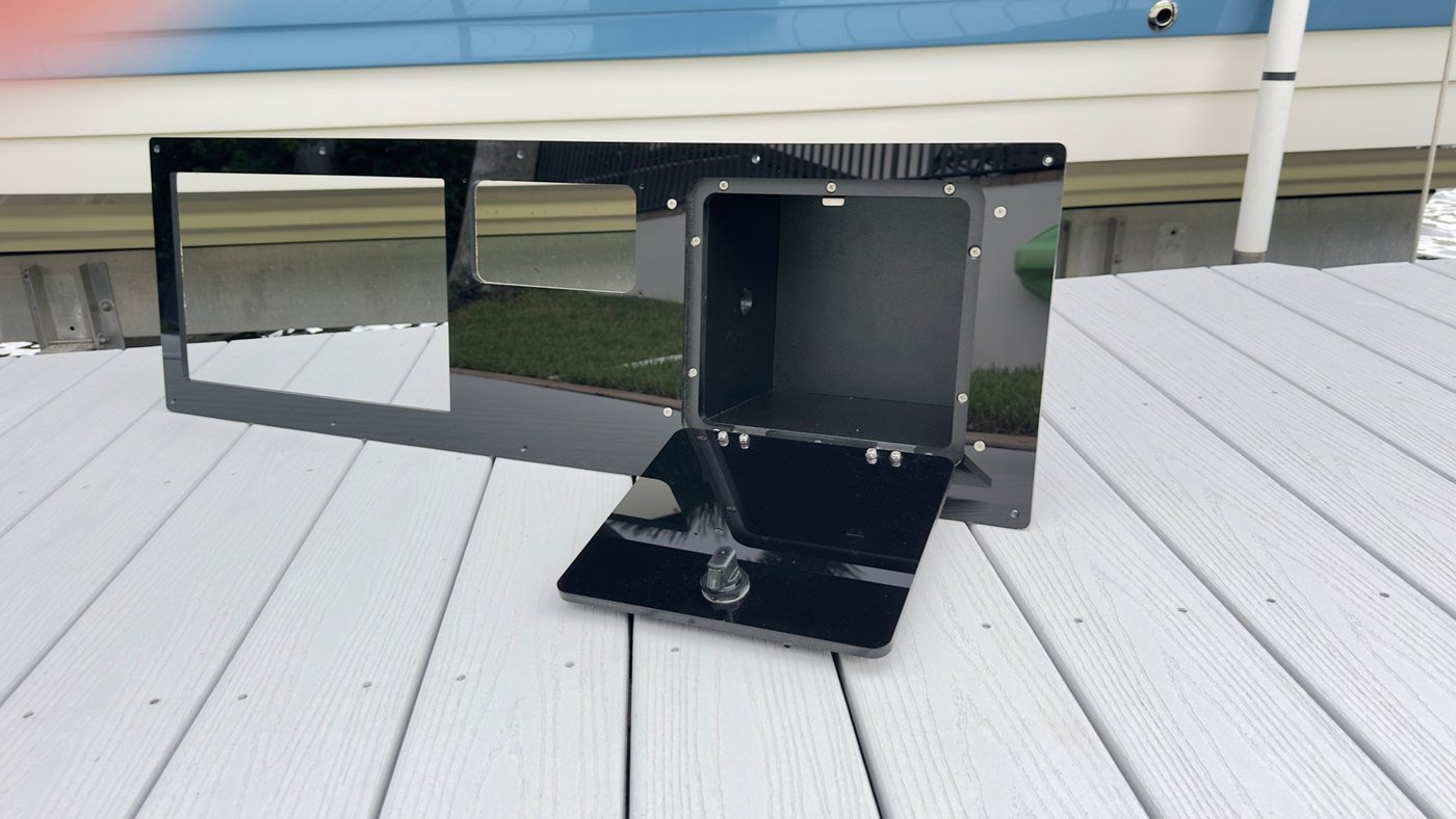 Custom black acrylic dash panel with the glove box door open