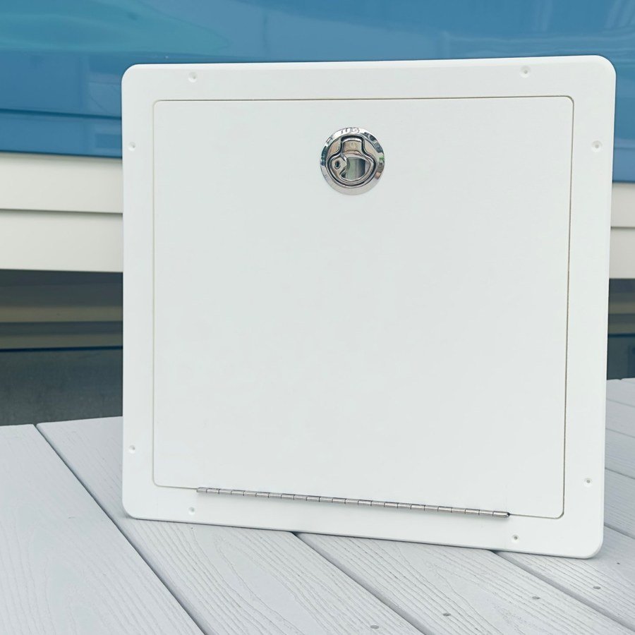 Tarpon Bay Marine white StarBoard hatch with stainless hinge and flush latch