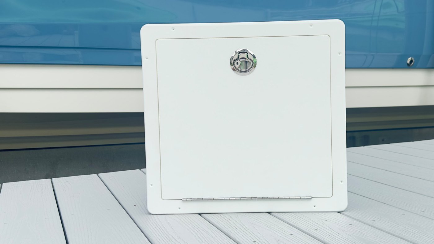 Tarpon Bay Marine white hatch with stainless hinge and flush latch