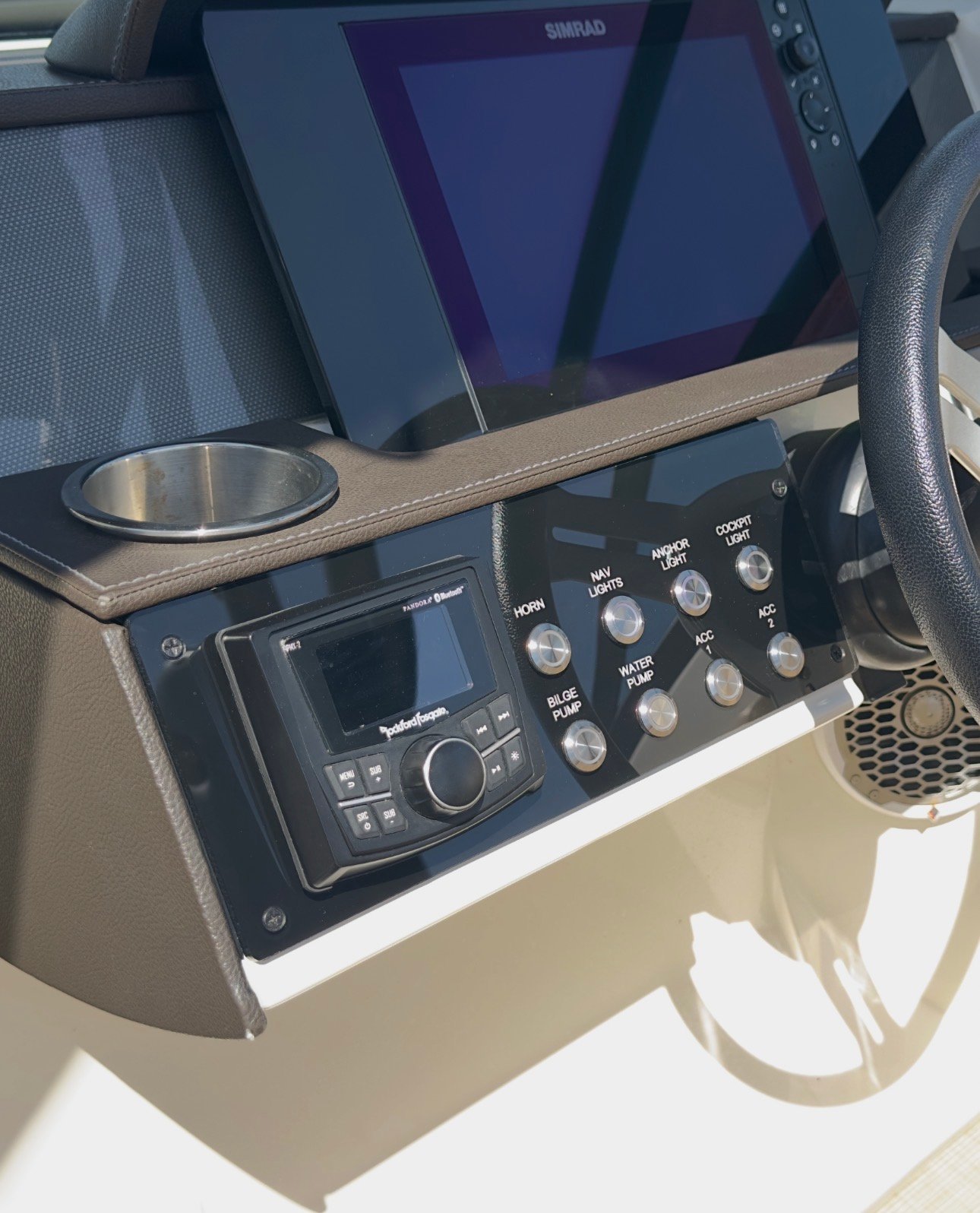 Tarpon Bay Marine custom switch panel installed at the helm
